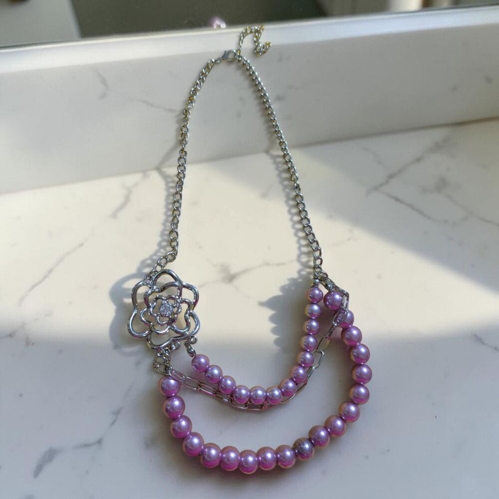 Silver Tone Pink Faux Pearl Layered Flower Statement Necklace, Floral Pendant - Picture 4 of 6